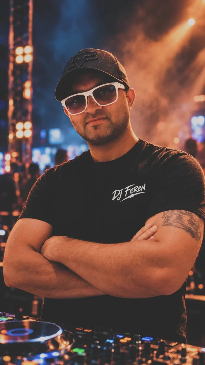 Retrato de DJ Feren con camiseta negra delante de una cabina de DJ